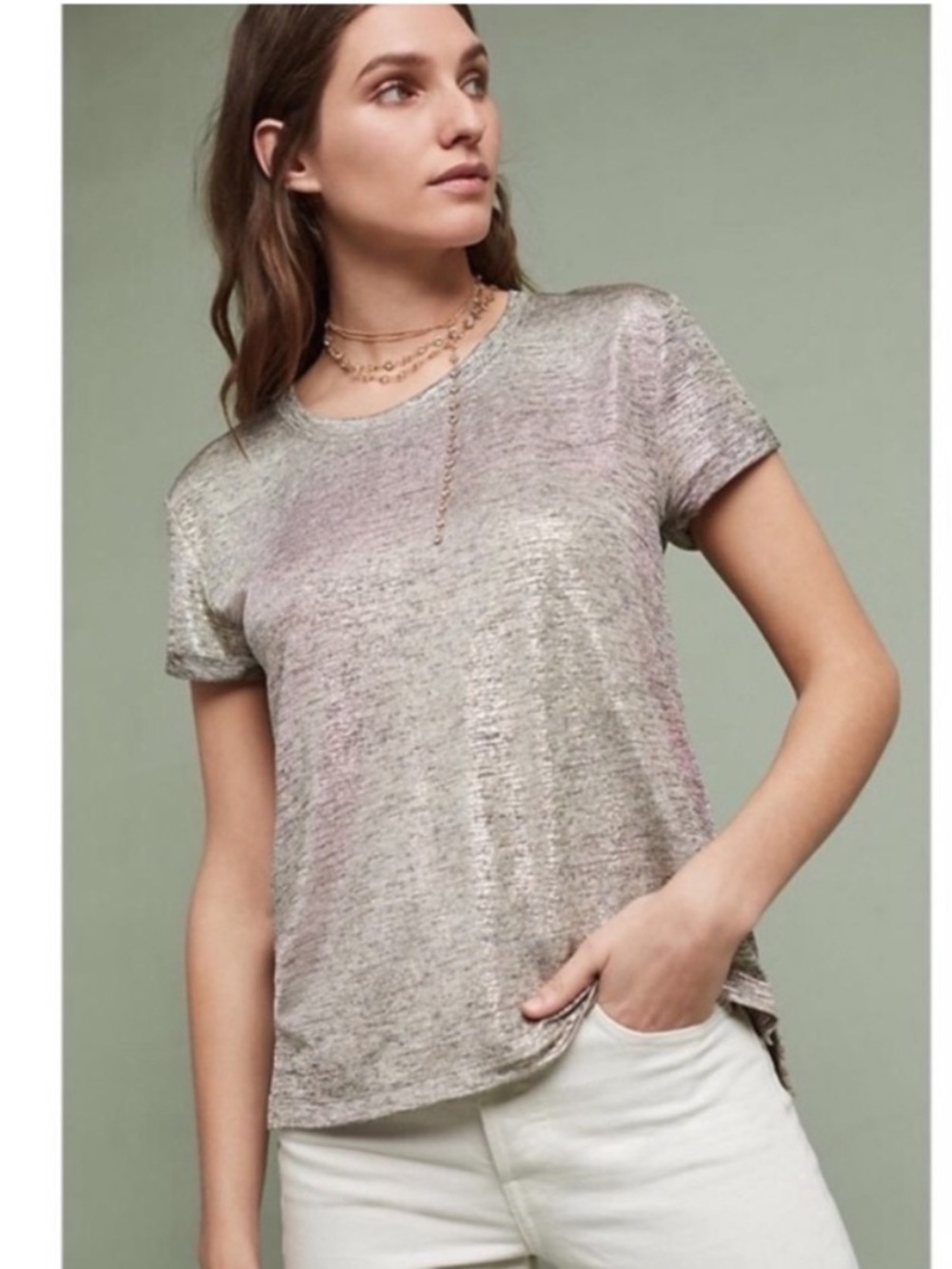 Anthropologie Deletta Metallic Gold Silky Shimmer Short Sleeve Top Large
